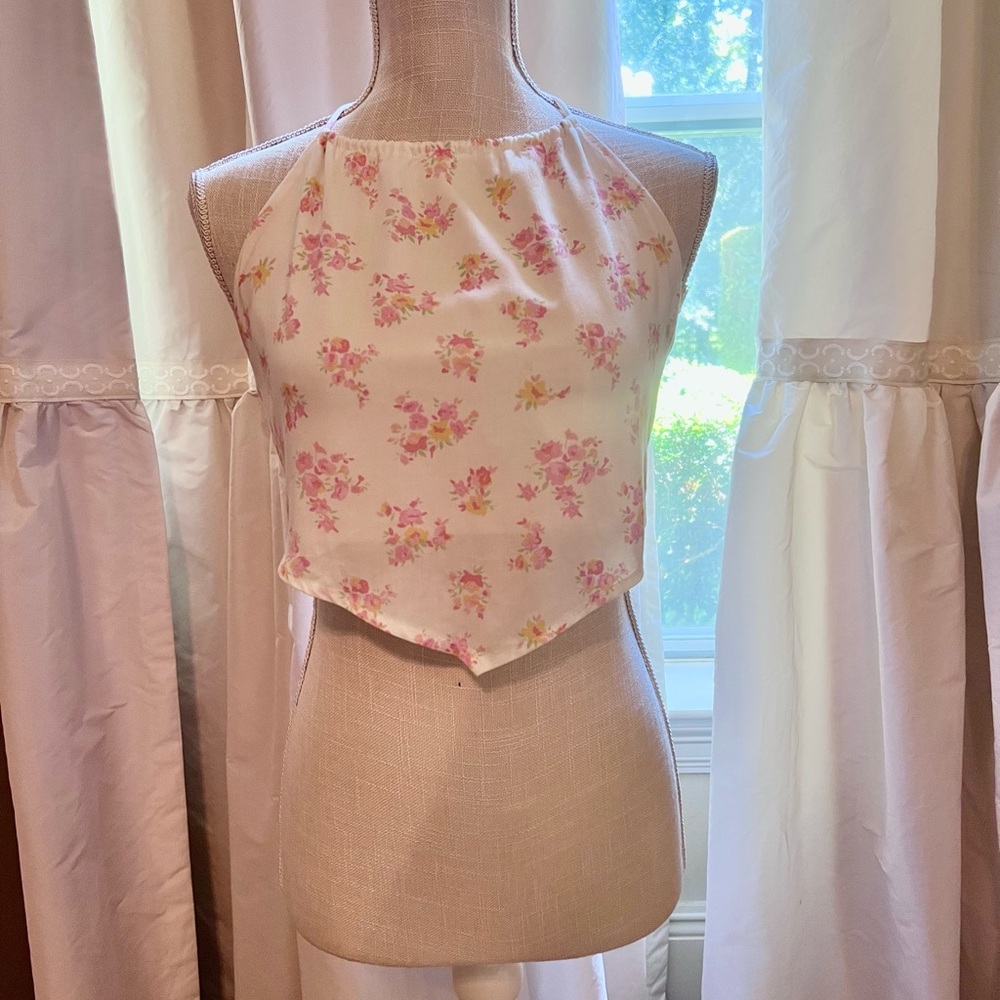 Blue Blush small floral punk and ivory halter top ties in back
